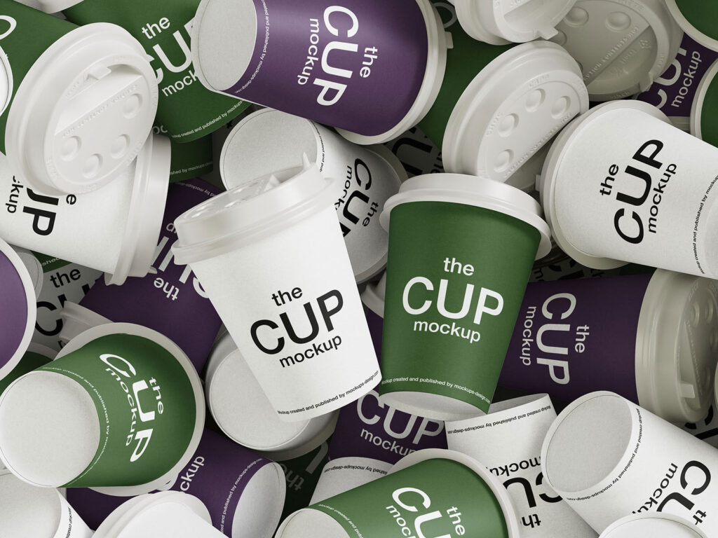 3 Mixed Coffee Cups Mockup in Top Sight