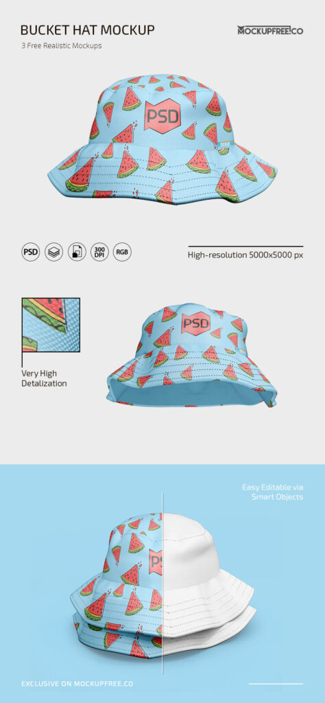 3 Mockups Featuring Bucket Hats in Different Views