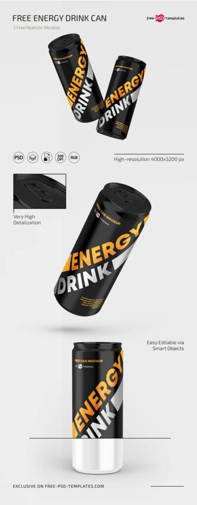 3 Mockups Featuring Energy Drink Cans in Different Views
