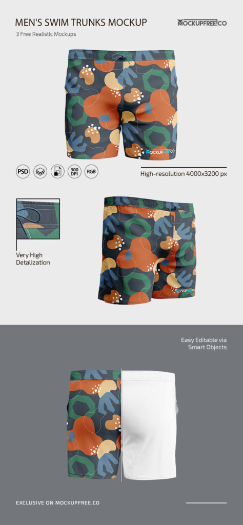 3 Mockups Featuring Men’s Swim Trunks in Different Views mockup preview
