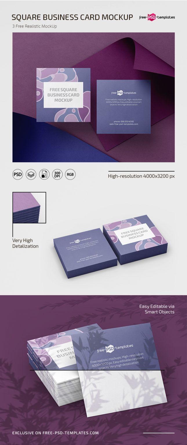 3 Mockups Featuring Stacks of Square Business Cards FREE PSD