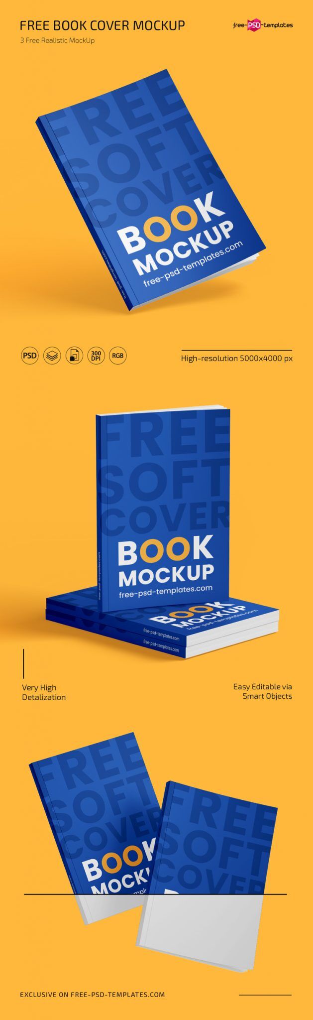 3 Mockups of Book Cover Design from Different Angles FREE PSD