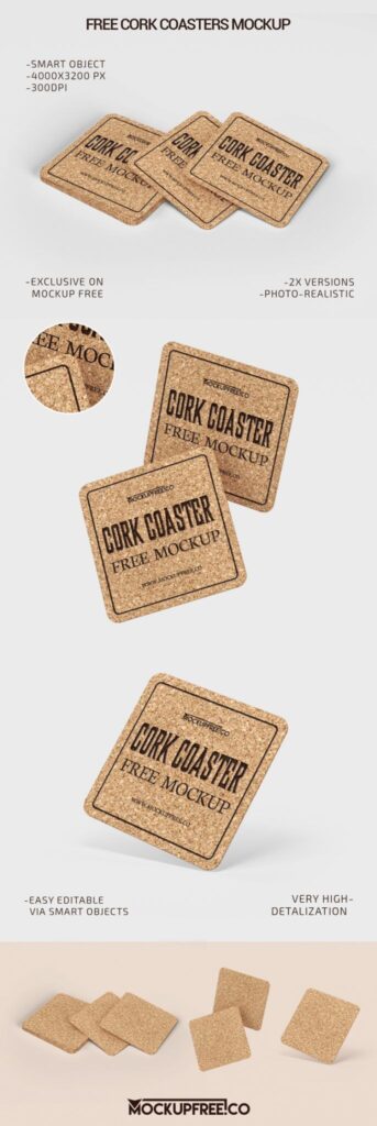3 Mockups of Cork Drink Coasters in Different Angles