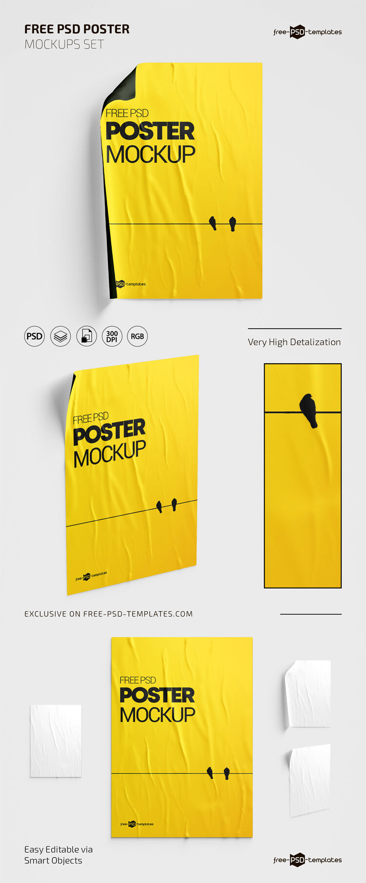 3 Mockups of Crumpled Posters in Different Views FREE PSD
