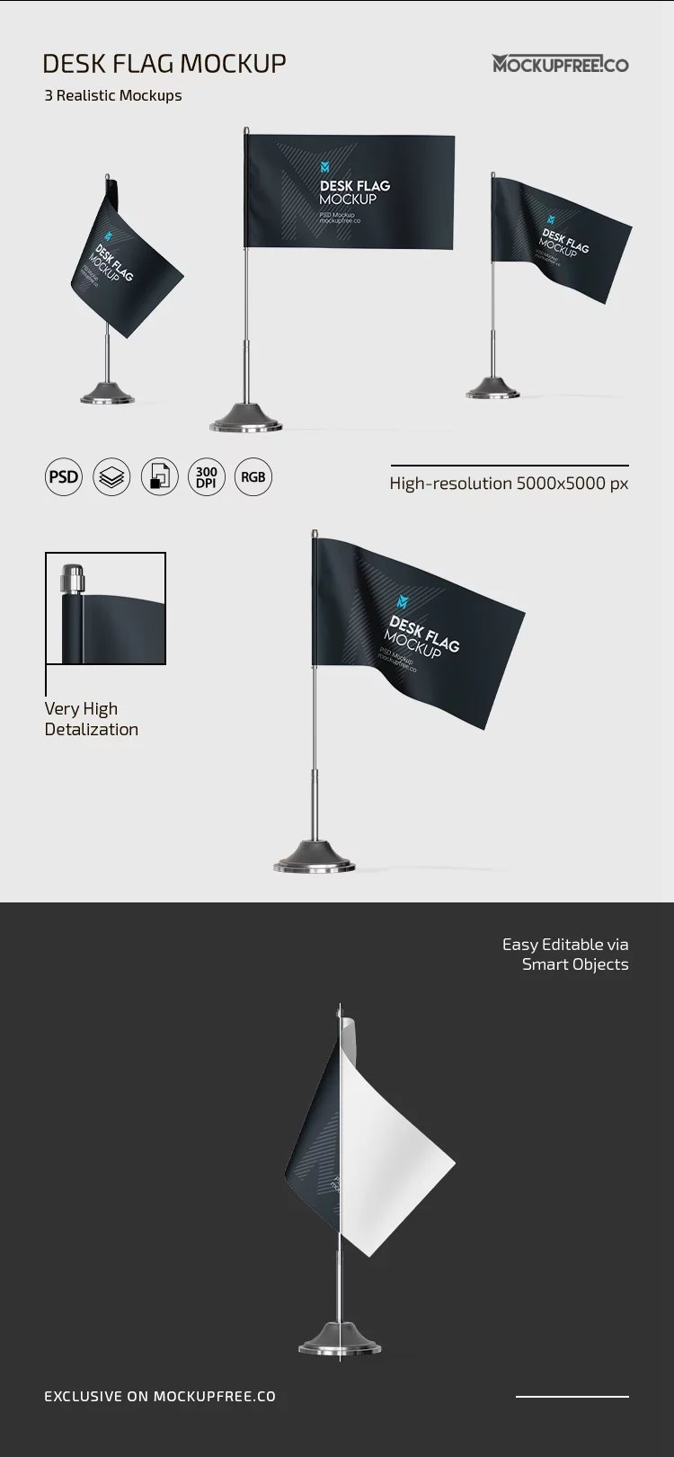 3 Mockups of Desk Flag in Front View FREE PSD