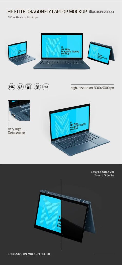 3 Mockups of HP Elite Dragonfly Laptop in Varied Views