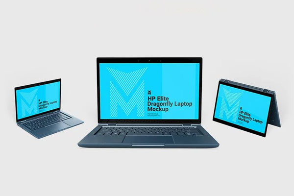 3 Mockups of HP Elite Dragonfly Laptop in Varied Views