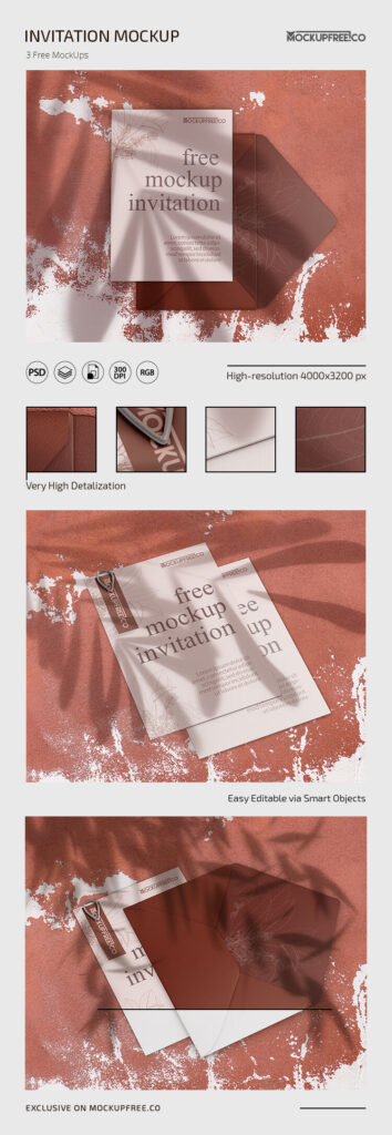 3 Mockups of Invitation Cards and Envelopes with Leaf Shadows