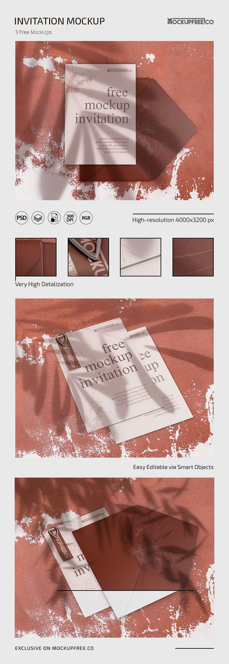 3 Mockups of Invitation Cards and Envelopes with Leaf Shadows FREE PSD
