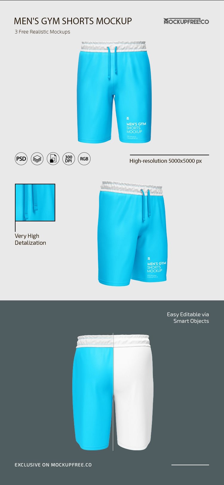 3 Mockups of Men's Gym Shorts FREE PSD