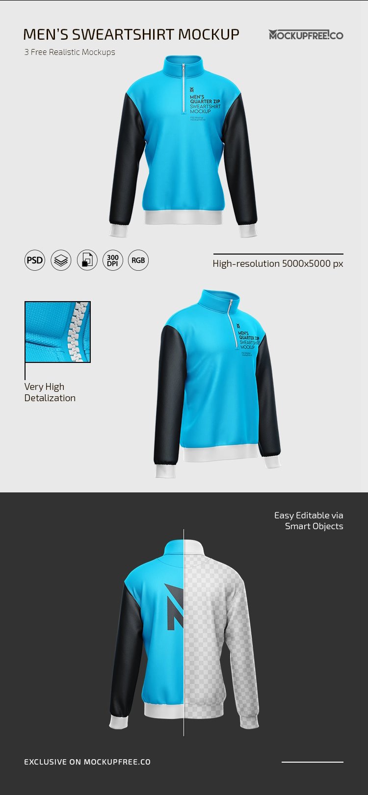 3 Mockups of Men’s Quarter Zip Sweatshirt FREE PSD