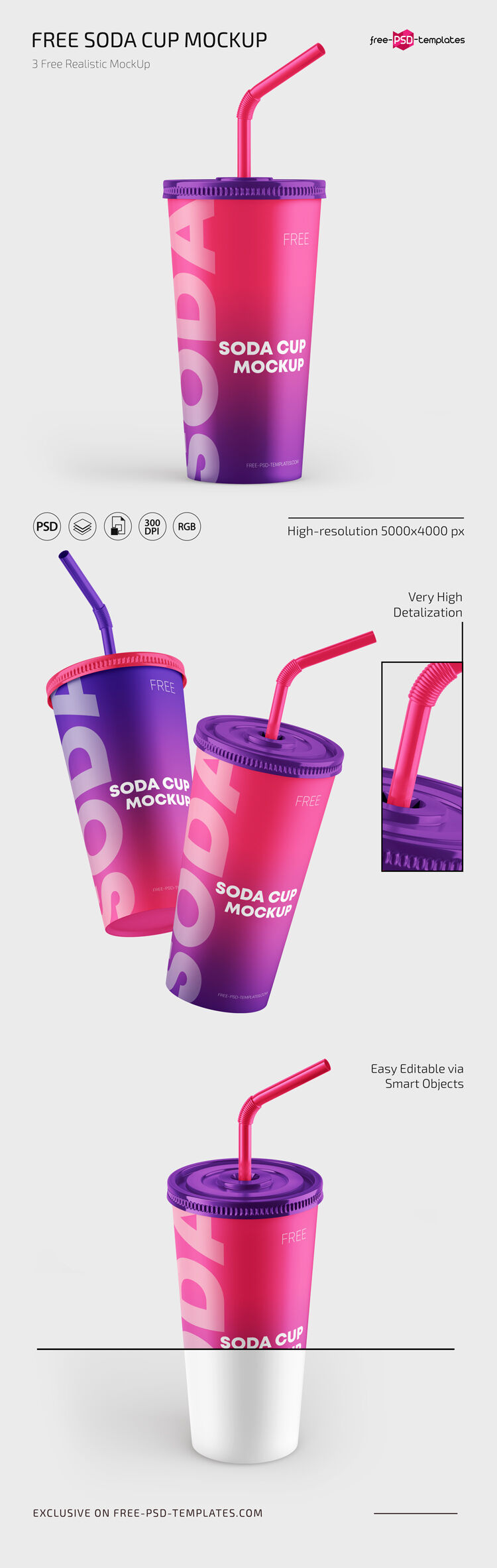 3 Mockups of Paper Soda Cup and Straws FREE PSD