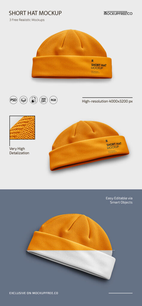 3 Mockups of Short Knitted Hat from Different Angles