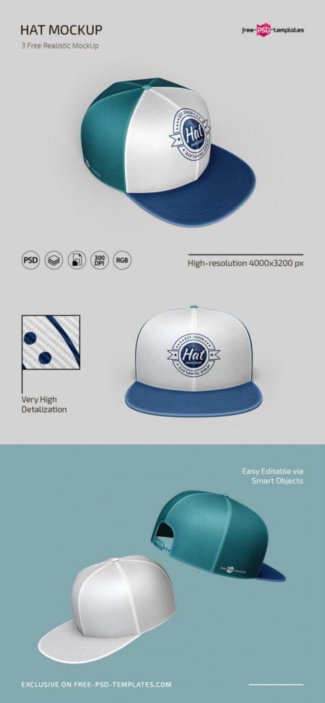 3 Mockups of Snapback Caps in Different Angles and Positions