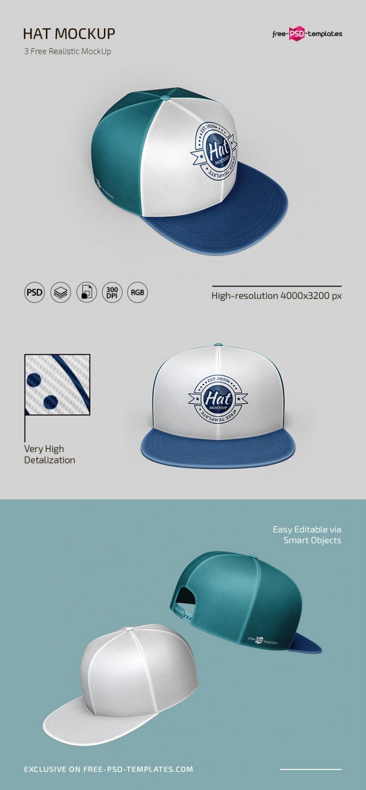 3 Mockups of Snapback Caps in Different Angles and Positions FREE PSD