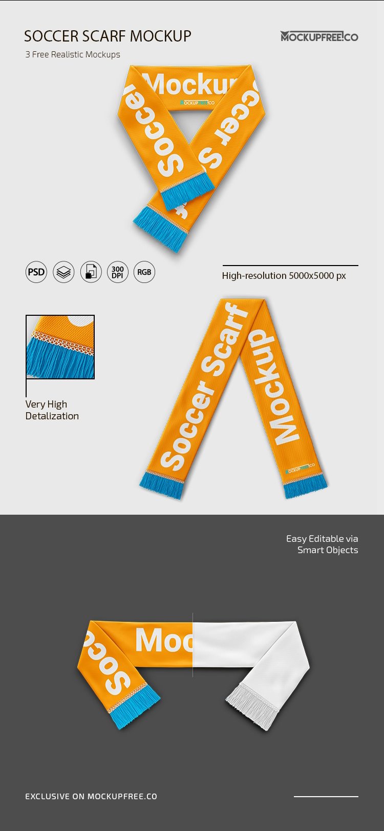 3 Mockups of Soccer Scarfs FREE PSD