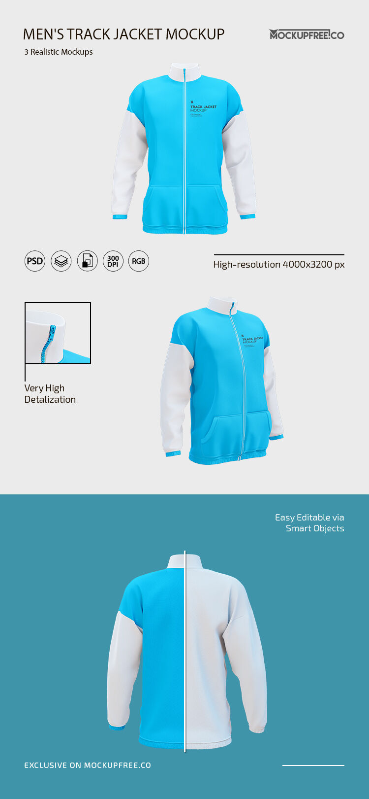3 Mockups of Stylish Men’s Track Jacket from Different Angles FREE PSD