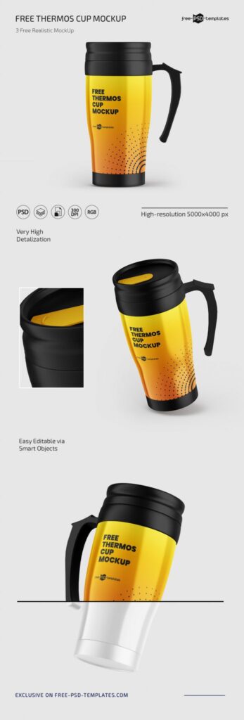 3 Mockups of Stylish Thermos Cup from Different Angles
