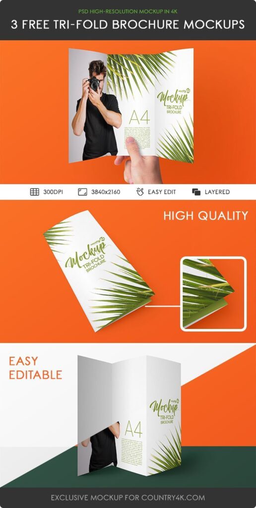 3 Mockups of Tri-Fold A4 Brochure Featuring One Held by Hand