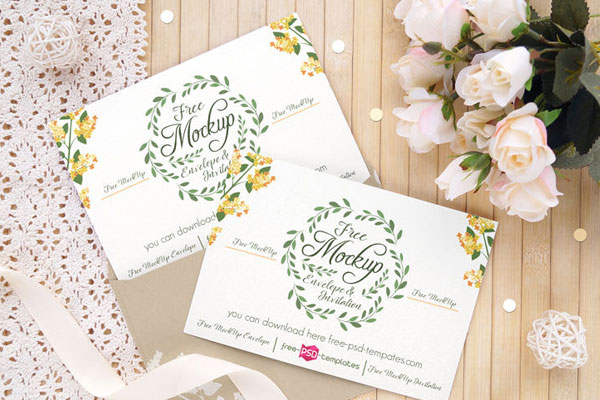 3 Mockups of Wedding Invitation Card with Flowers and Ribbons Around