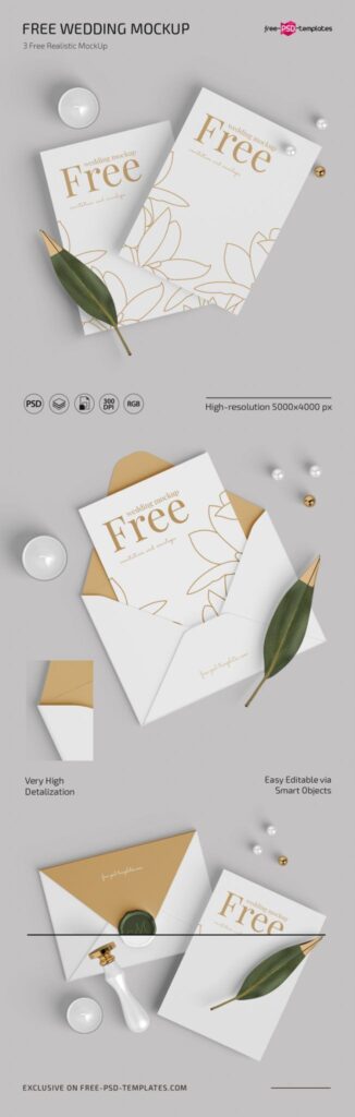3 Mockups of Wedding Invitation Cards and Wax Seal Envelope