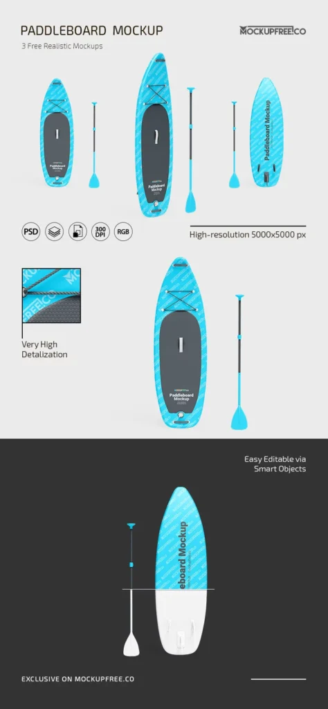 3 Paddleboard Mockups in Varied Views