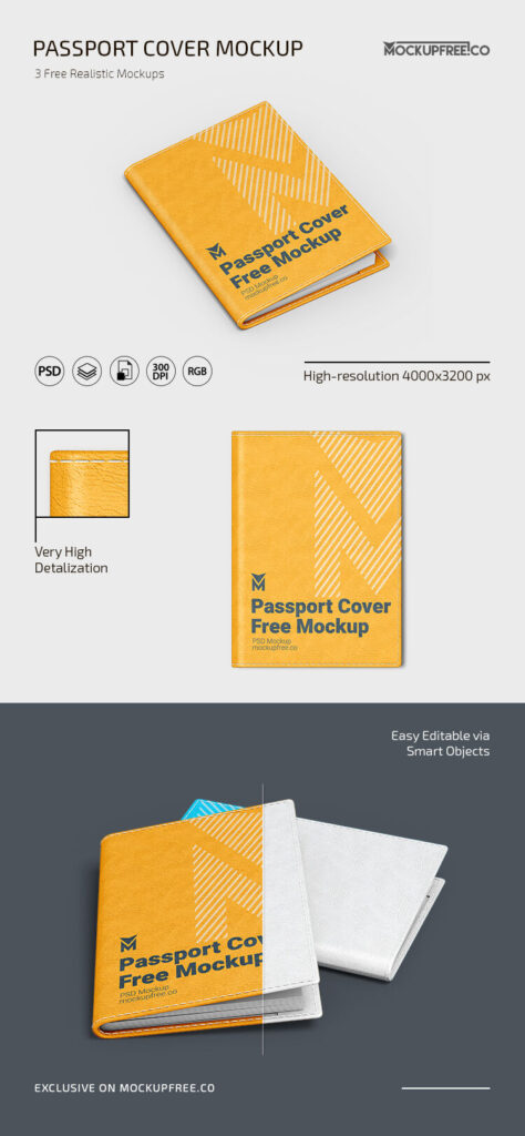3 Passport Covers on Floor Mockups in Different Views
