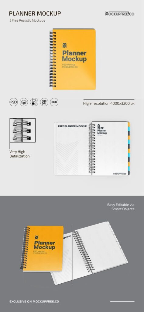 3 Planner Mockups in Top and Perspective Views