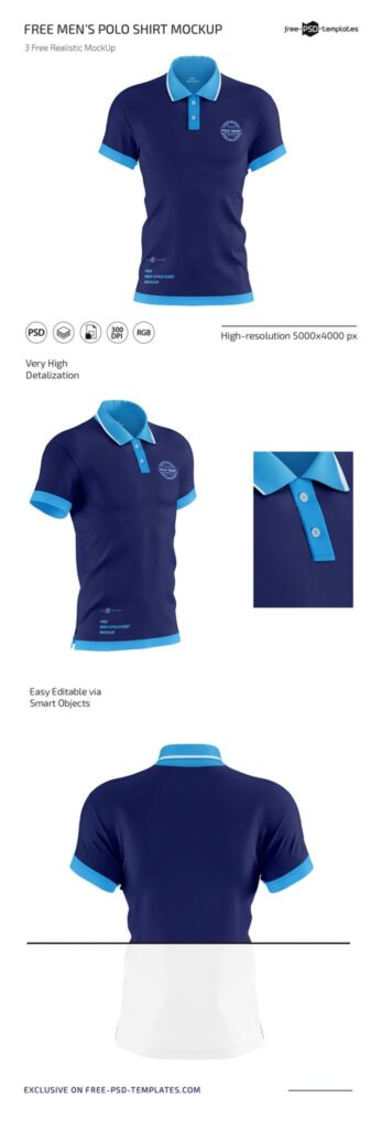 3 Polo Shirt Mockups in Front, Back, and 3/4 Views