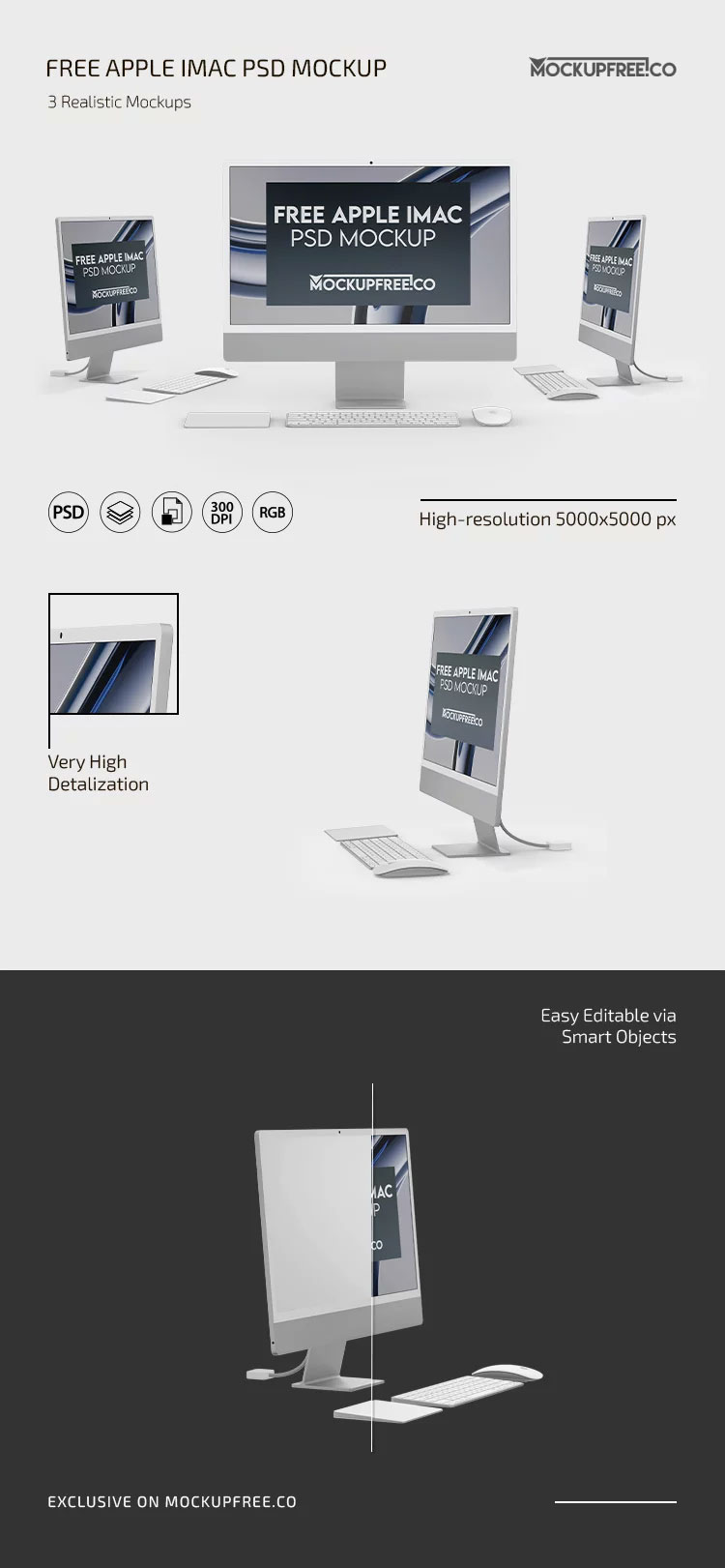 Free 3 Shots of Apple iMac Mockup PSD Template