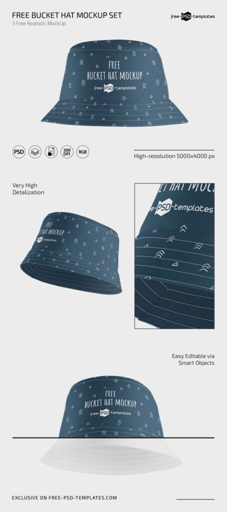 3 Shots of Bucket Hat Mockup
