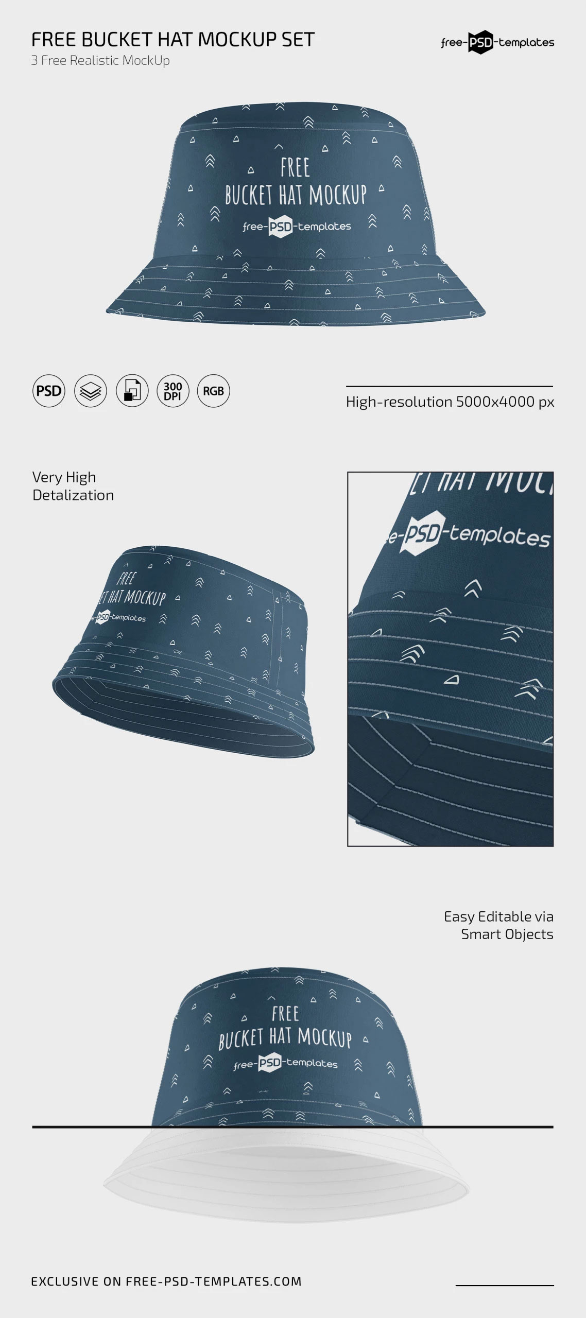 Free 3 Shots of Bucket Hat Mockup PSD Template