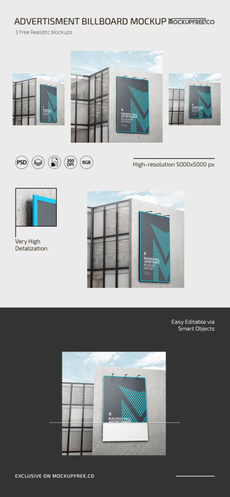 3 Shots of Building Wall Advertisement Billboard Mockup