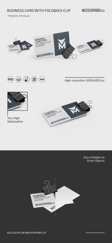 3 Shots of Business Card Mockup with Foldback Clip