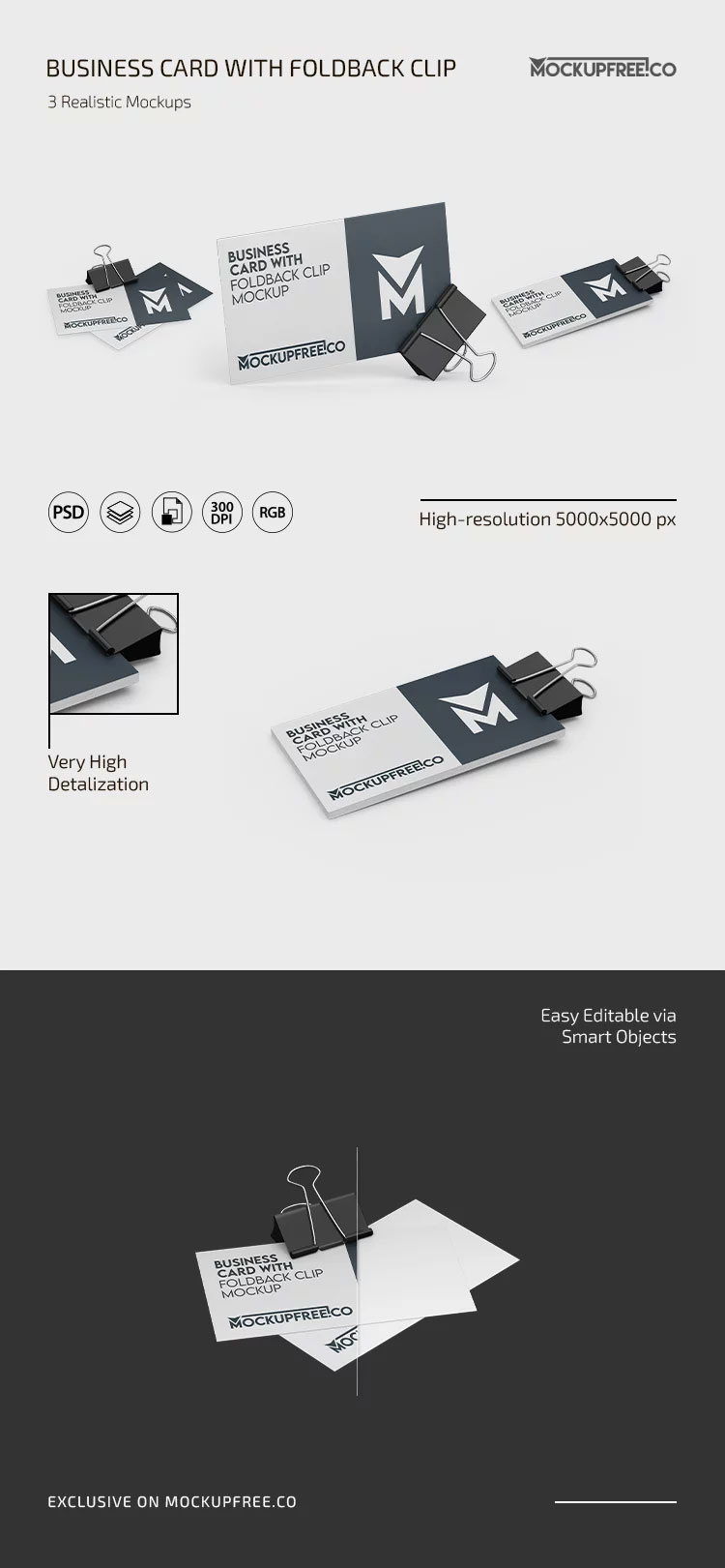 Free 3 Shots of Business Card Mockup with Foldback Clip PSD Template