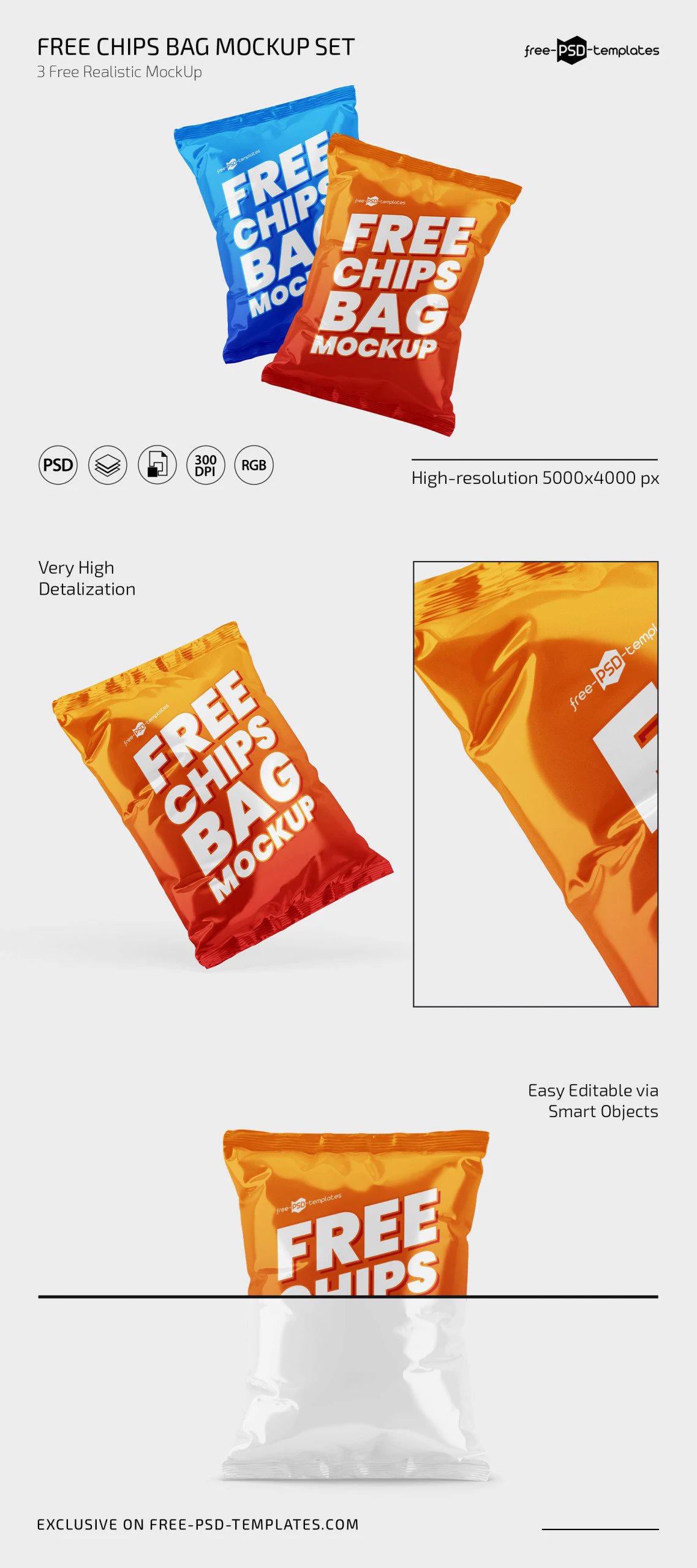 3 Shots of Chips Bag Mockup FREE PSD