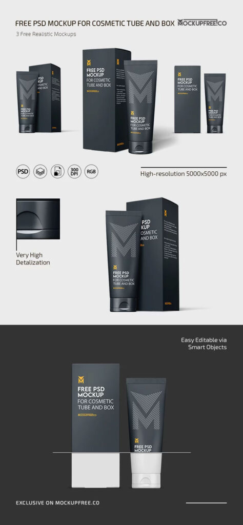 3 Shots of Cosmetic Tube Mockup with Box