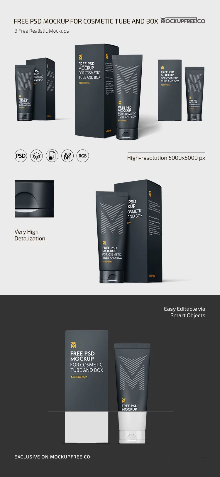 Free 3 Shots of Cosmetic Tube Mockup with Box PSD Template