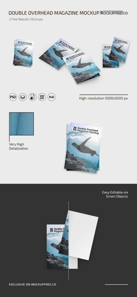 3 Shots of Double Overhead Magazine Mockup