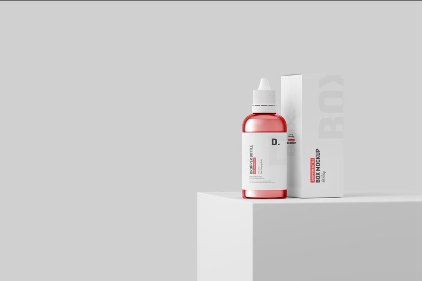 3 Shots of Dropper Bottle Mockup with Box mockup preview