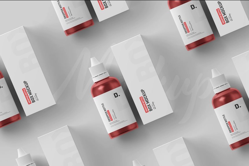 3 Shots of Dropper Bottle Mockup with Box mockup preview