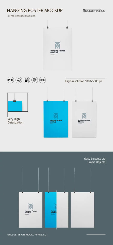 3 Shots of Hanging Poster Mockup