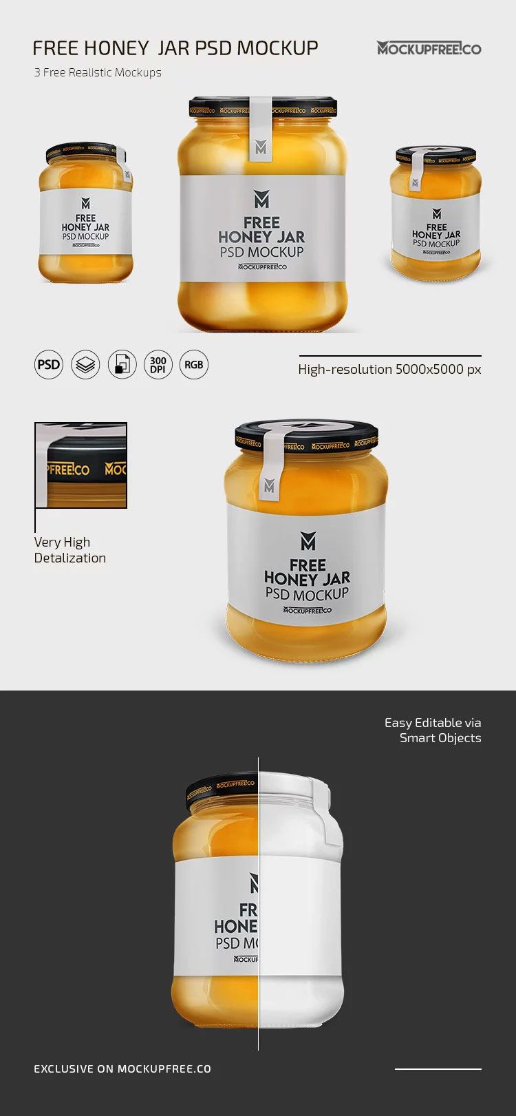 Free 3 Shots of Honey Jar Bottle Mockup PSD Template