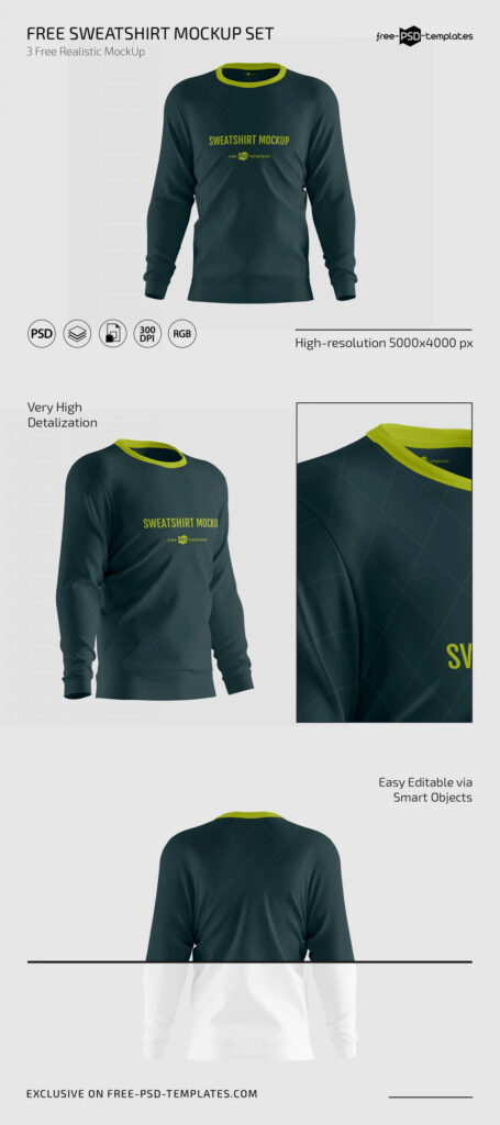 3 Shots of Long-sleeved Men’s Sweatshirt Mockup