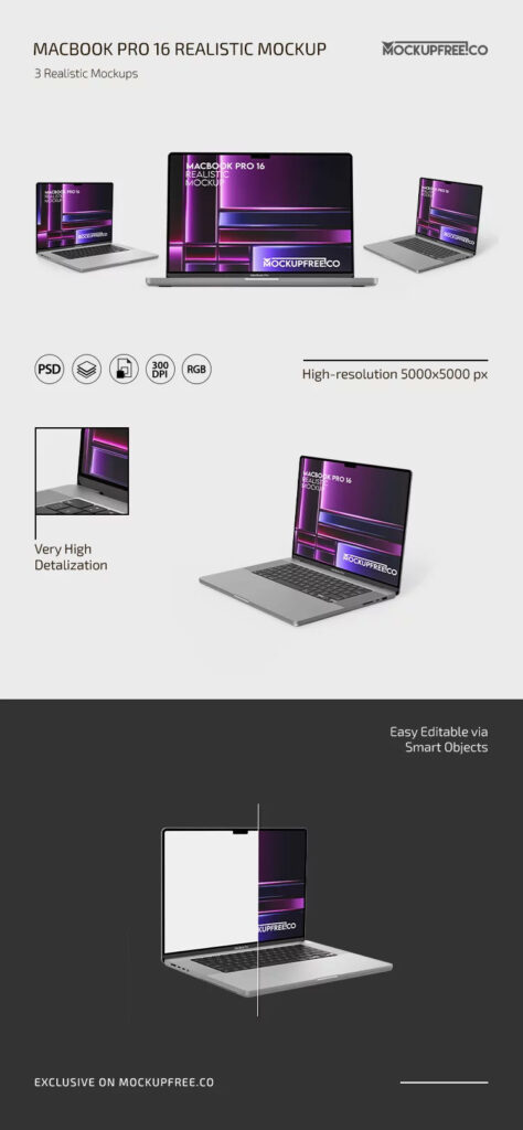 3 Shots of MacBook Pro 16 Mockup