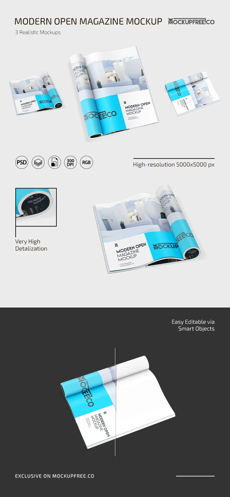 Free 3 Shots of Open Magazine Mockup PSD Template