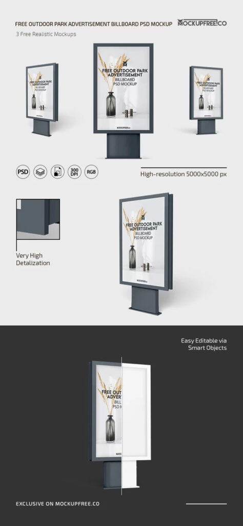3 Shots of Outdoor Park Advertisement Billboard Mockup