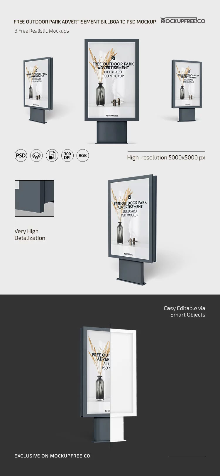 Free 3 Shots of Outdoor Park Advertisement Billboard Mockup PSD Template