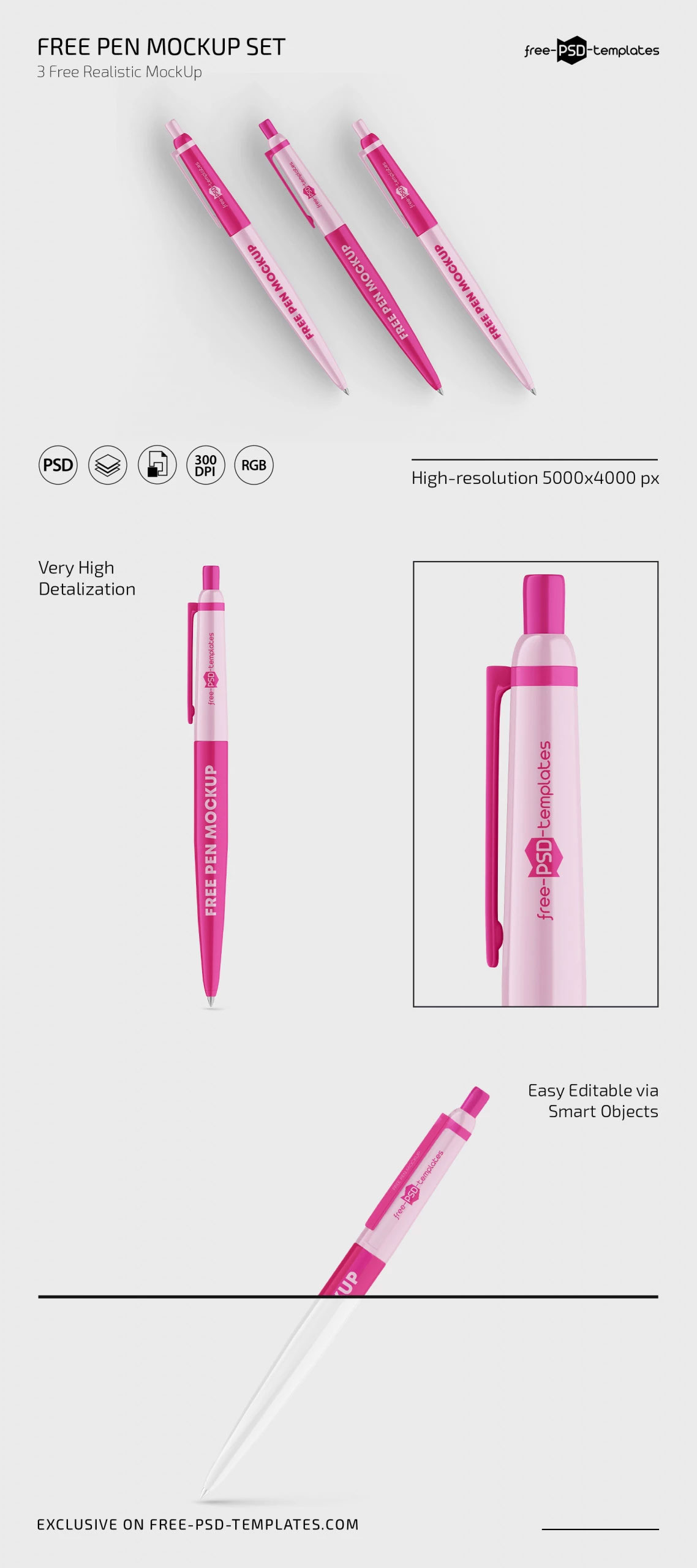 Free 3 Shots of Pen Mockup PSD Template