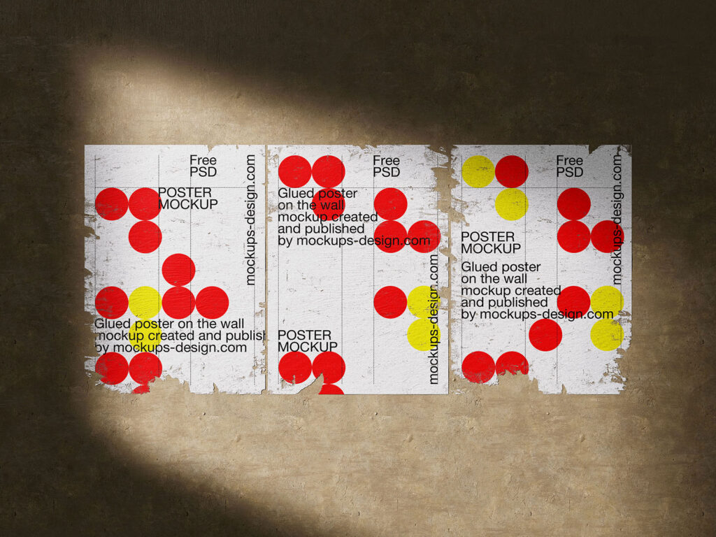 3 Shots of Poster Mockup Glued to Wall